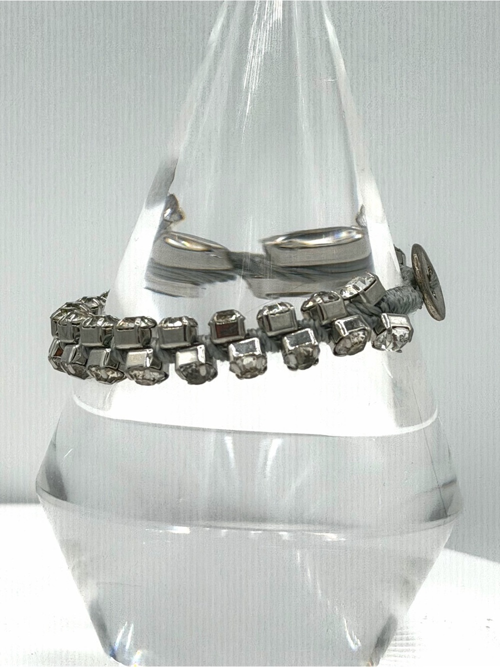 Double Row Rhinestone Prong Set Stones Silver-tone Metal Corded Bracelet Jewelry